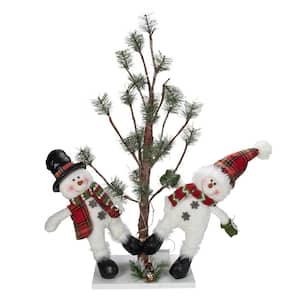 34 in. Snowmen Friends With Pre-Lit LED Pine Tree Christmas Tabletop Decor
