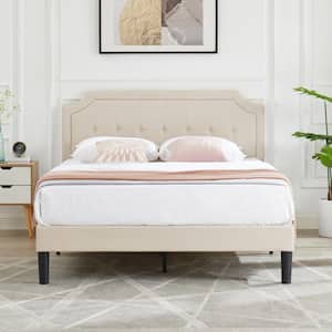 Upholstered Bed Beige Metal Frame Queen Platform Bed with Headboard Bed Frame with Sturdy Wood Slat Support