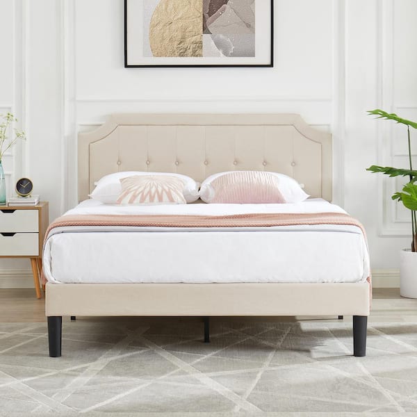 VECELO Upholstered Bed Beige Metal Frame Queen Platform Bed with Headboard Bed Frame with Sturdy Wood Slat Support