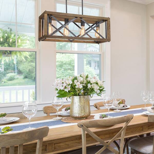 Modern Farmhouse Wood Chandelier 4-Light Black Cage Rectangle Island Chandelier for Kitchen Dining Room