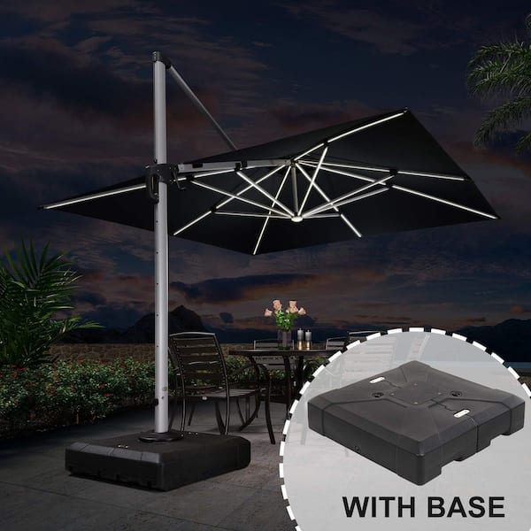 11 ft. Square Aluminum Solar Powered LED Patio Cantilever Offset Umbrella with Stand, Black