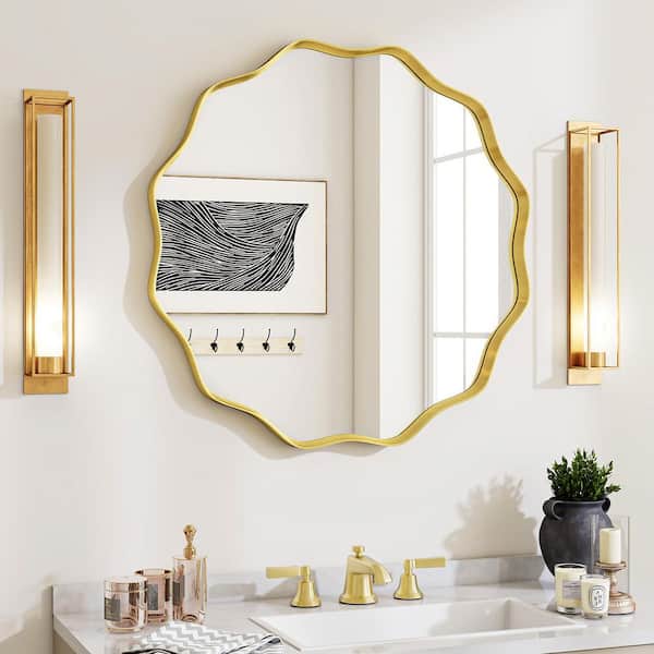 24 in. W x 24 in. H Round Decorative Wave-Edge Gold Metal Deep-Framed Wall Bathroom Vanity Mirror