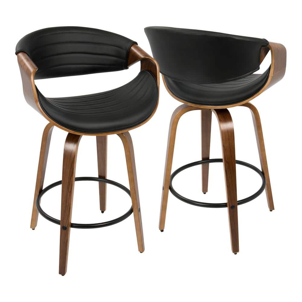 Walnut and Black Swivel Faux Leather Counter Stool Set
