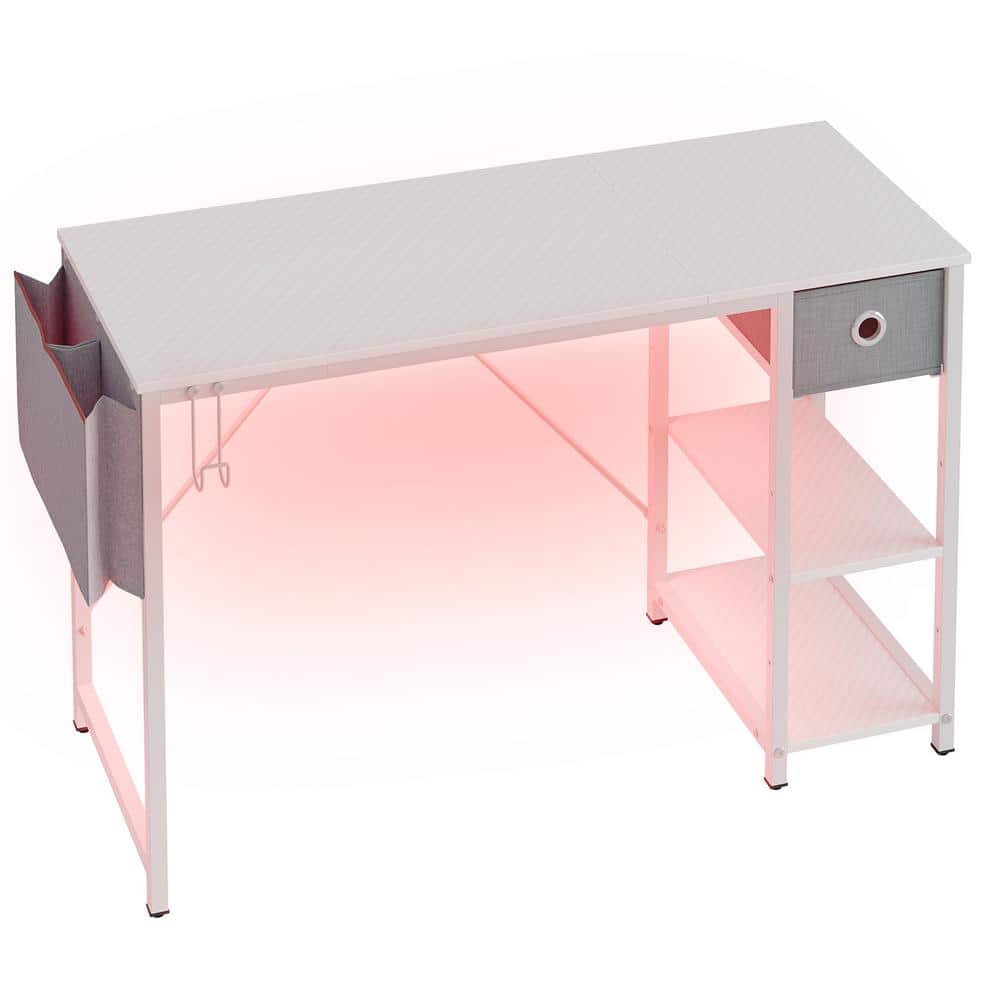 White Particle Board Computer Desk with Drawer and LED Light