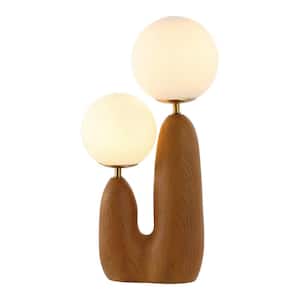 Oda 17.75 in. 2-Light Modern Bohemian Resin/Iron/Frosted Glass Danish Cactus LED Table Lamp, Brown Wood Finish