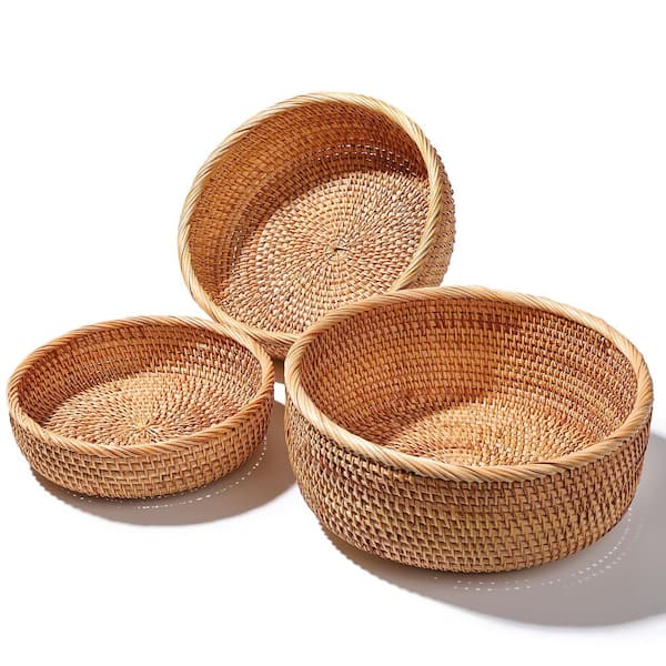 Honey Brown Natural Rattan Handwoven Round Bread Basket Set for Fruit, Snacks Kitchen Counter Organizing (3-Piece Set)
