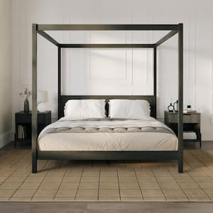 Minimalist Black Wood Frame King Plank Canopy Bed