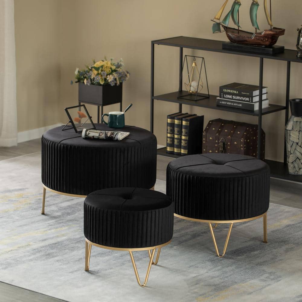 Black Velvet Round Ottoman with Gold Hairpin Base
