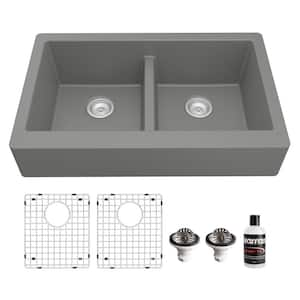 QAR-750 Quartz/Granite 34 in. Double Bowl 50/50 Retrofit Farmhouse/Apron Front Kitchen Sink in Grey w/ Grid and Strainer