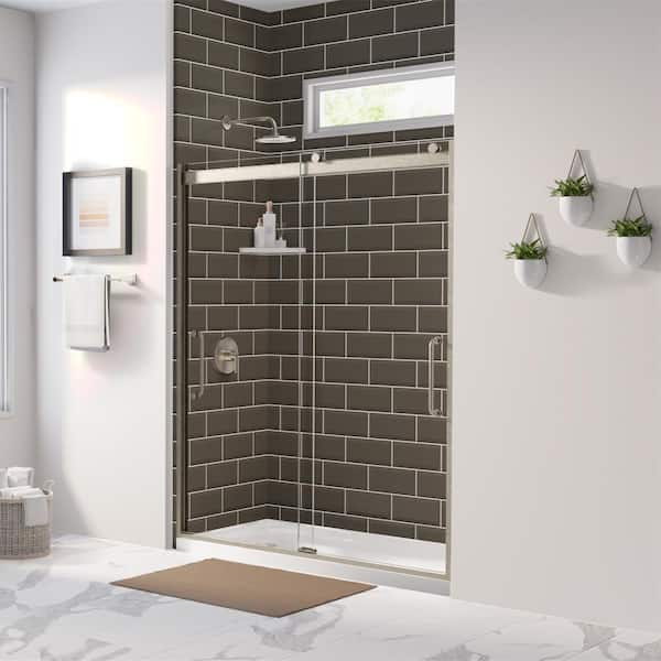Basco Arelo 56 in. to 60 in. W Semi-Frameless Sliding Shower Door AquaGlideXP Clear Glass, Brushed Nickel Finish