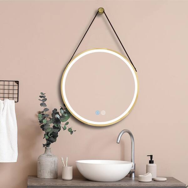 Getpro 28 in. W x 28 in. H Round Aluminum Framed Dimmable Wall Bathroom Vanity Mirror in Brushed Gold