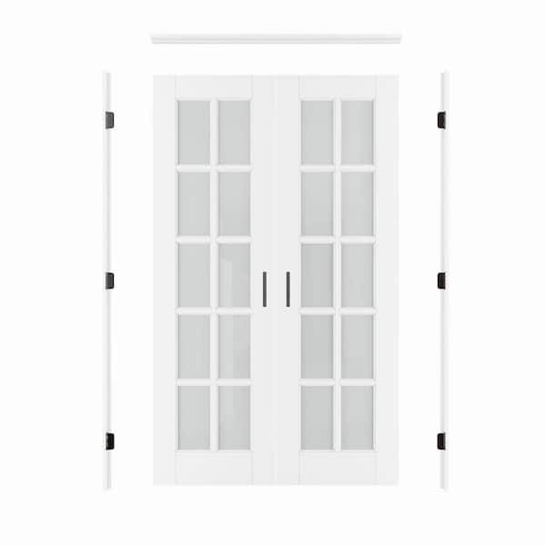 48 in. x 80 in. 10-Lite Frosted Glass Universal Solid Coreglass Double Prehung French Door + Separate Jamb Ball Catch