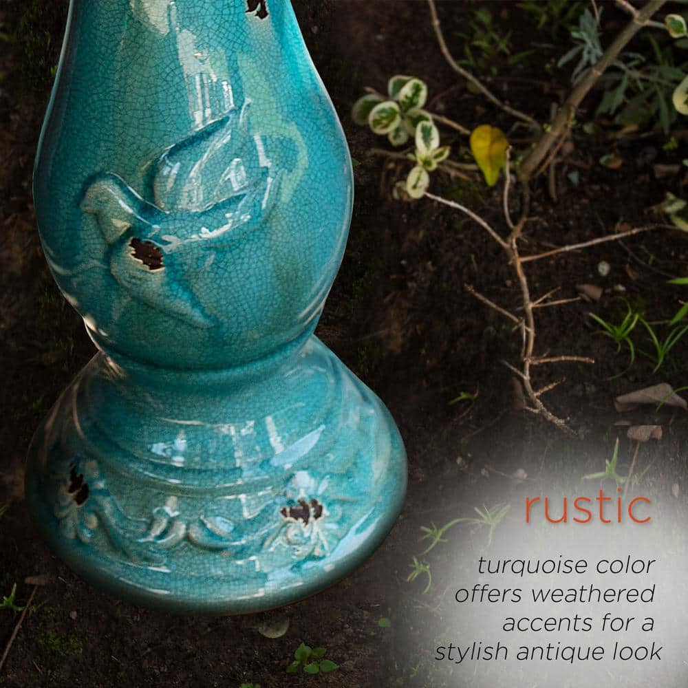 Turquoise Ceramic Pedestal Bird Bath with Bird Figurines