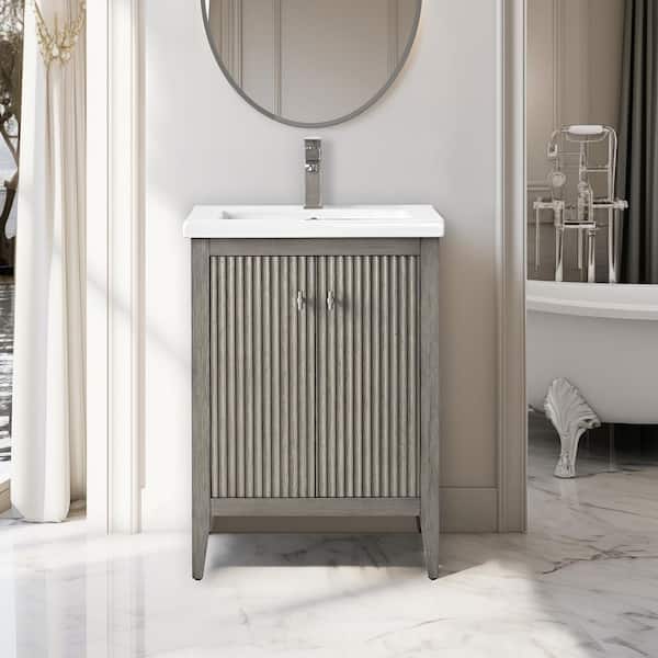 24 in. W x 18.5 in. D x 34 in. H Single Sink Linear Driftwood Gray Bath Vanity Cabinet with White Ceramic Top