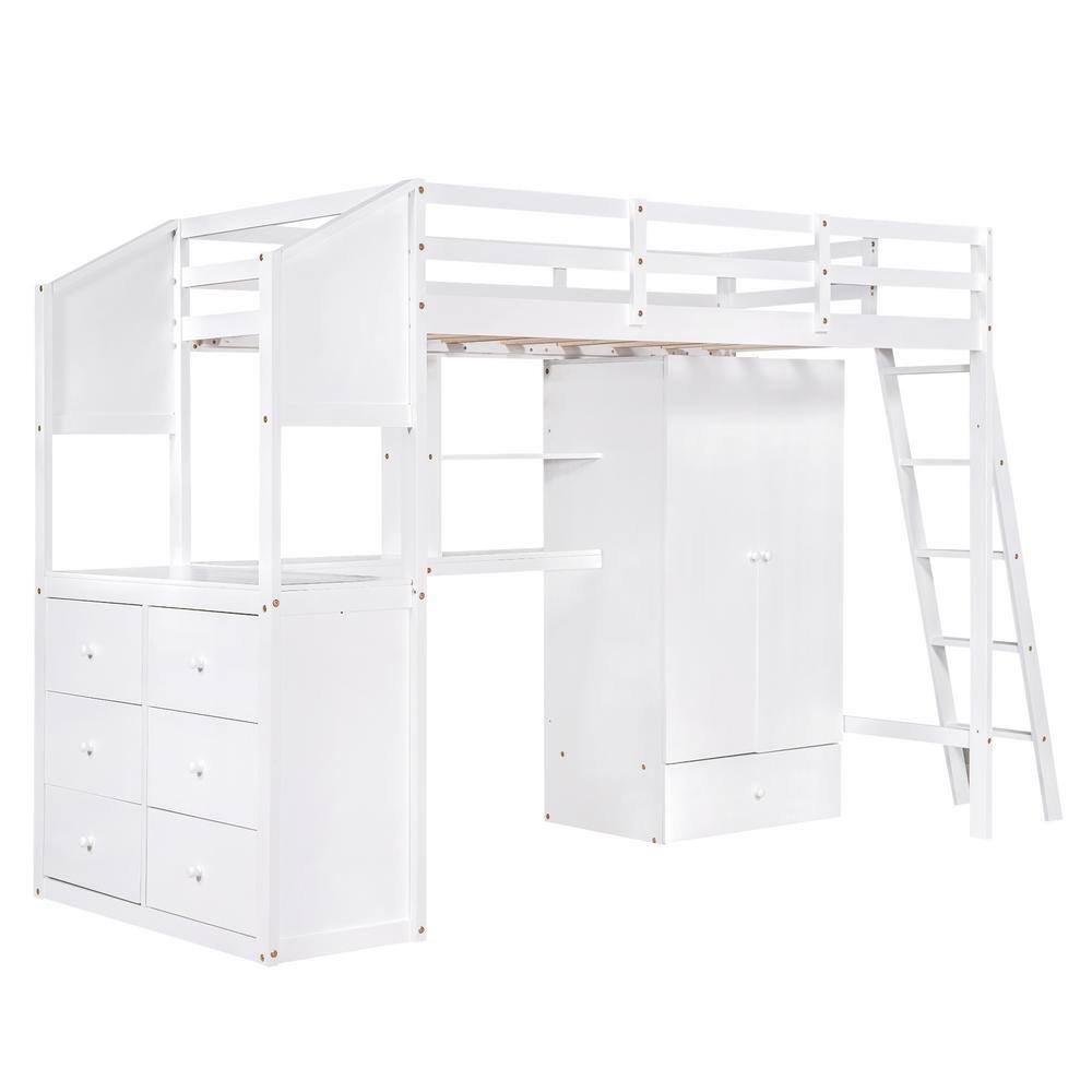 Angel Sar White Wood Twin Size Loft Bed with Wardrobe and 7-Drawers ...