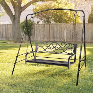 485 lbs. Capacity 2-Person Brown Metal Porch Patio Swing Outdoor Hanging Bench