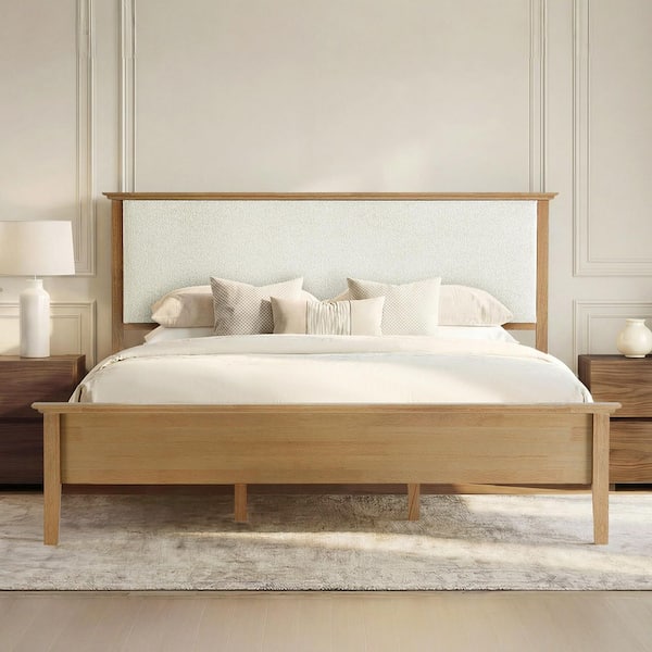 Daphne White Solid Rubber Wood Frame King Platform Bed with Boucle Upholstered Headboard and Underbed Storage