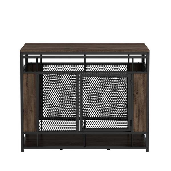 FUFU&GAGA Large Dog Crate Furniture, Indoor Pet Crate End Table, Mesh and Wooden Dog Kennels with 2-Doors for S, M, L Dogs, Walnut