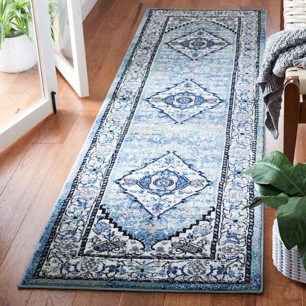 Vintage Hamadan 2 ft. x 8 ft. Blue Green/Ivory Medallion Distressed Runner Rug
