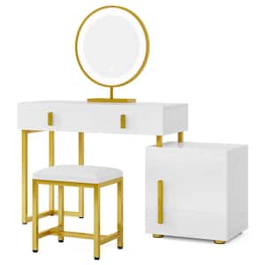 Virginia White and Gold 3-Drawers Bedroom Vanity Table Set with Lighted Mirror 50.8 in. H x 53.7 in. W x 15.7 in. D