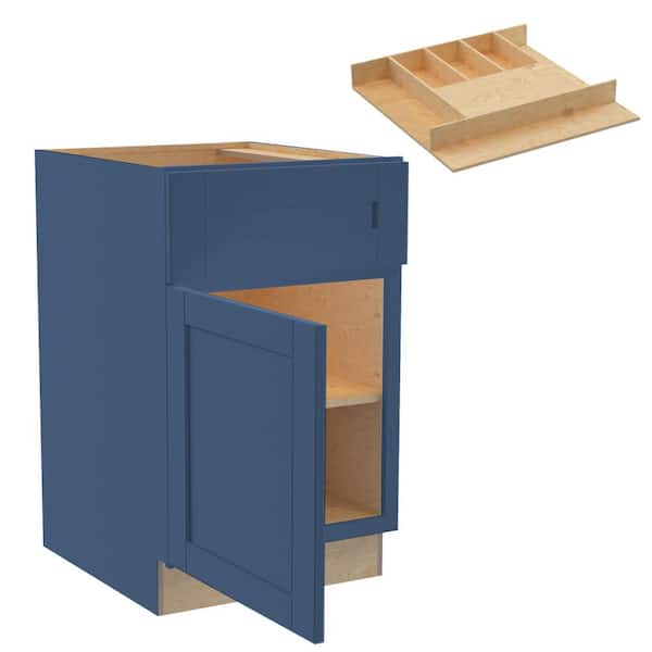Home Decorators Collection Washington 21 in. W x 24 in. D x 34.5 in. H Vessel Blue Plywood Shaker Assembled Base Kitchen Cabinet Left Cutlery Tray