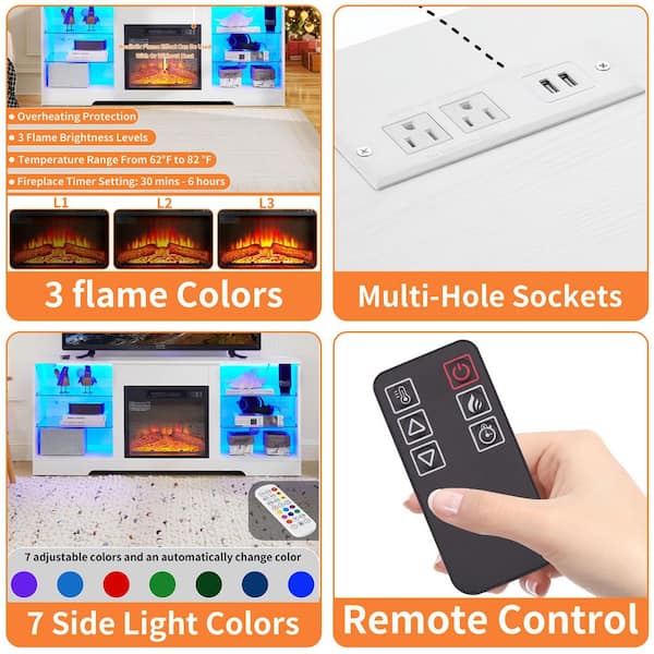 58 in. Freestanding Fireplace TV Stand with 18 in. Electric Fireplace insert, Adjustable Heat, Remote, Timer in White