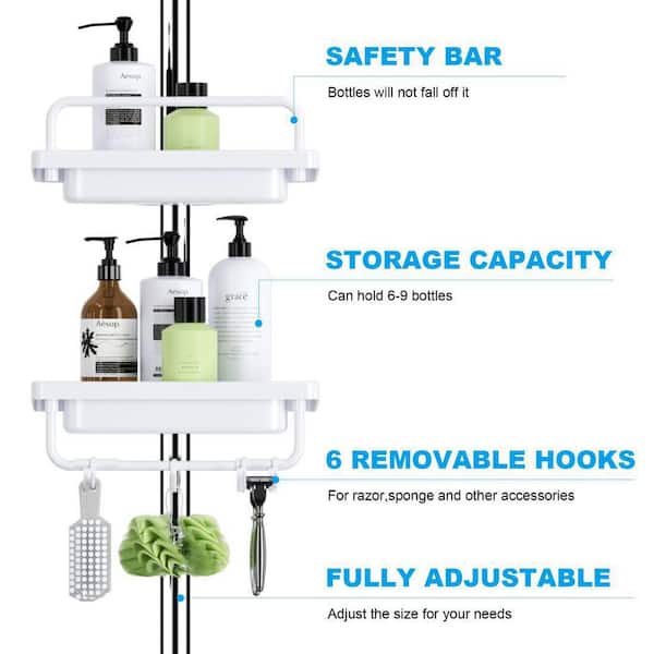 Shower Caddy Corner Organizer for Bathroom,Bathtub Shampoo Storage Holder  Rack with Rustproof Stainless Tension Pole,4-Tier Adjustable Shelves,Stand  on Floor,56-114 Inches Height,Brown 