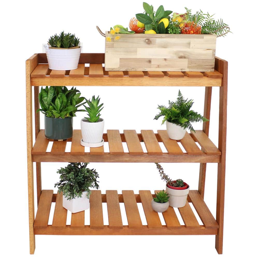 Brown Meranti Wood 3-Tier Outdoor Garden Shelf with Teak Oil Finish