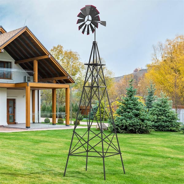 96 in. H Gray Metal Ornamental Wind Spinner Windmill with 4 Support Legs Decorative Weathervane for Backyard