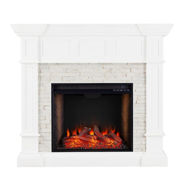 Southern Enterprises Imogen Alexa-Enabled 45.75 in. Convertible Smart Fireplace in White with Faux Stone