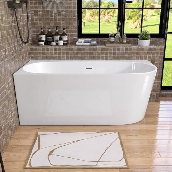 NTQ 59 in. x 29.5 in. Modern Acrylic Freestanding Soaking Bathtub Stand Alone Back to Left Wall Tub With Drain in White