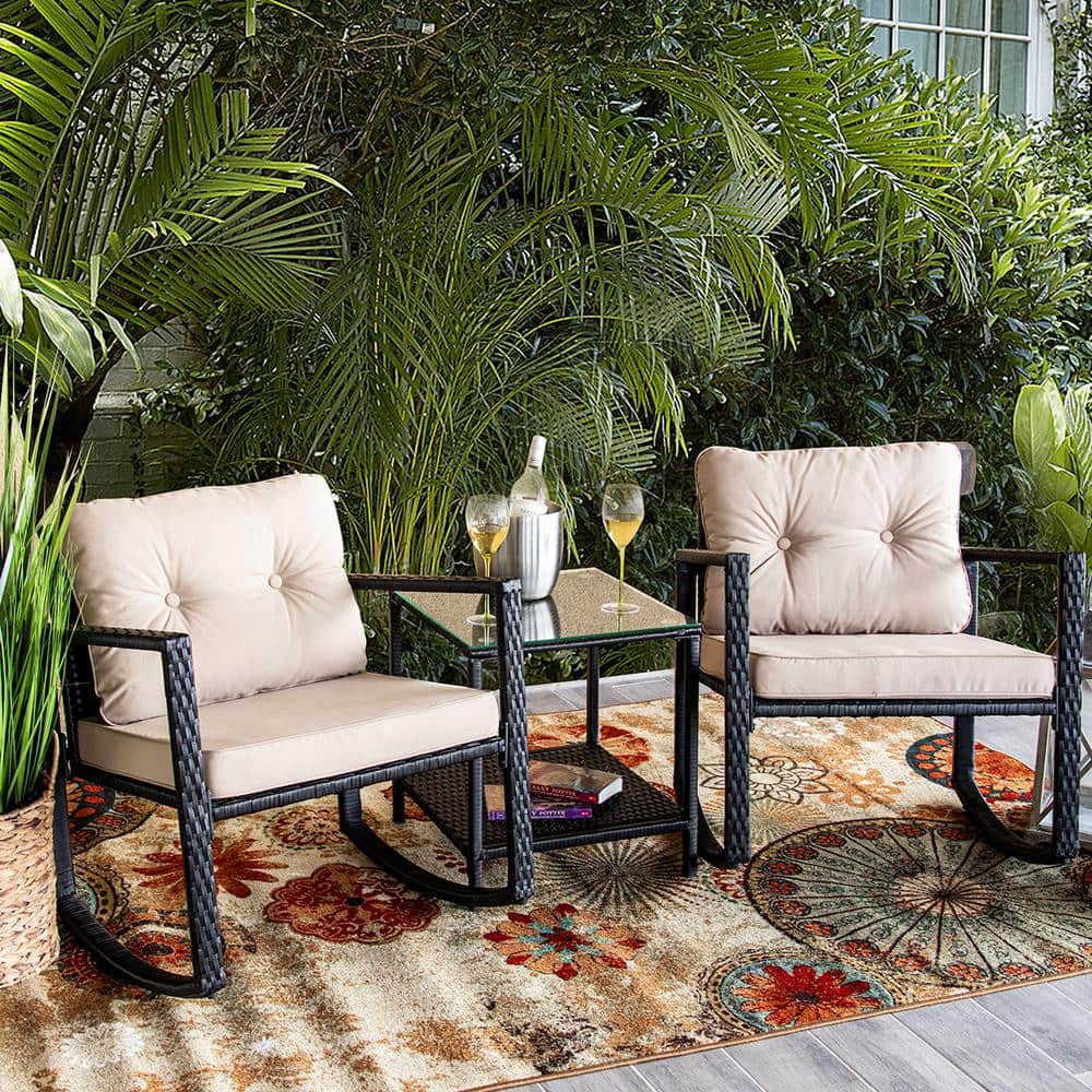 Black Steel and Beige Wicker Rocking Bistro Set with Glass Table
