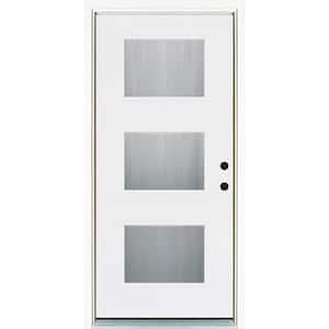 36 in. x 80 in. Smooth White Left-Hand Inswing 3-Lite Water Wave Finished Fiberglass Prehung Front Door