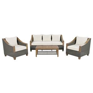 4-Piece Gray Wicker Frame Outdoor Sofa Set with Wood Coffee Table and Beige Cushions for Patio, Garden and Backyard
