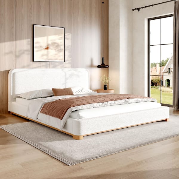 White Wood Frame King Size Soft Boucle Upholstered Platform Bed with Solid Rubber Wood Base and Legs