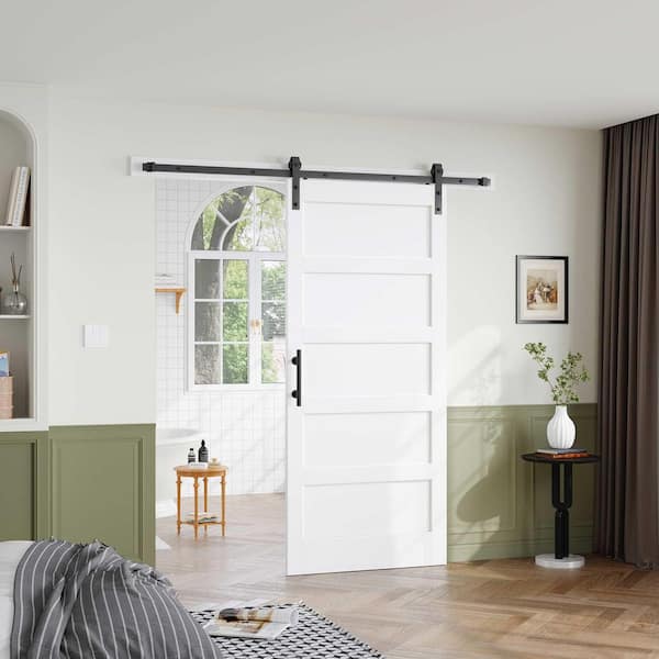 36 in. x 96 in. 5 Lite Manufactured Solid Wood Core White Finished Interior Sliding Barn Door with Hardware Kit