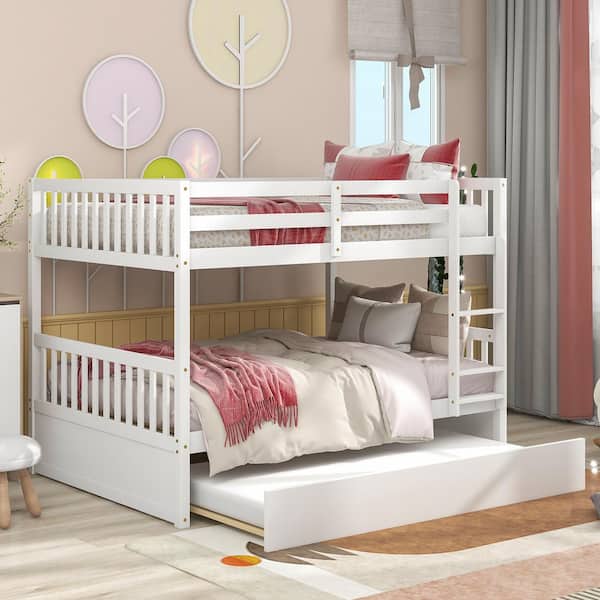 Polibi Full over Full Bunk Bed with Trundle, Convertible to 2 Full Size Platform Bed, White