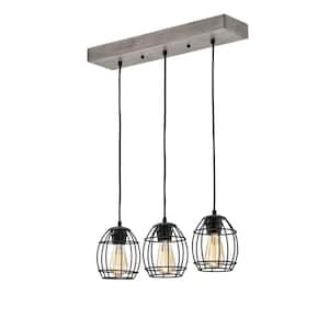 Triscot 3-Light Modern Farmhouse Gray Wood Linear Pendant with Black Cage