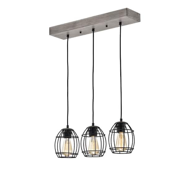 Edvivi Triscot 3-Light Modern Farmhouse Gray Wood Linear Pendant with Black Cage