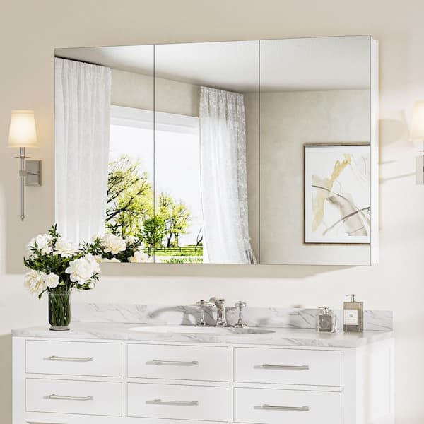 48 in. W x 32 in. H Rectangular Frameless Aluminum White Recessed or Surface Mount Medicine Cabinet with Mirror