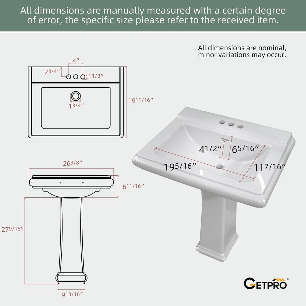 White Rectangular Ceramic Pedestal Sink with Overflow