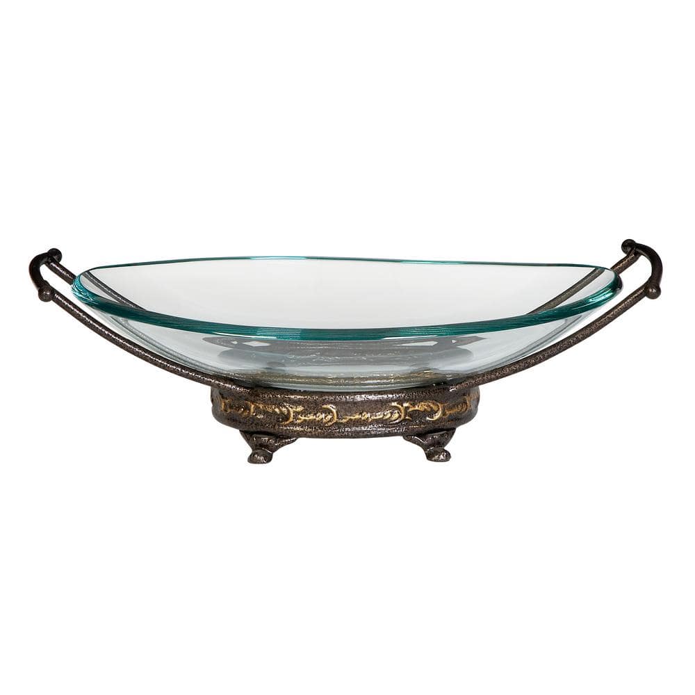 Clear Tempered Glass Elliptical Serving Bowl with Brown Metal Base