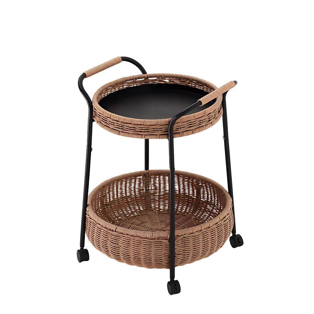 Natural Wicker Outdoor Bar with Rolling Wheels 2-Tier Serving Cart