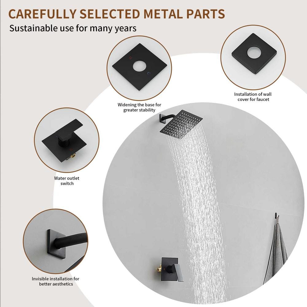 Matte Black Stainless Steel Square Rain Shower Faucet Set