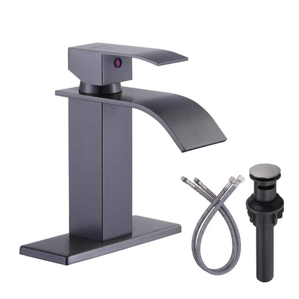 IVIGA 4 in. Centerset Single Handle High Arc Waterfall Bathroom Faucet with Pop Up Drain and Supply Lines in Gray