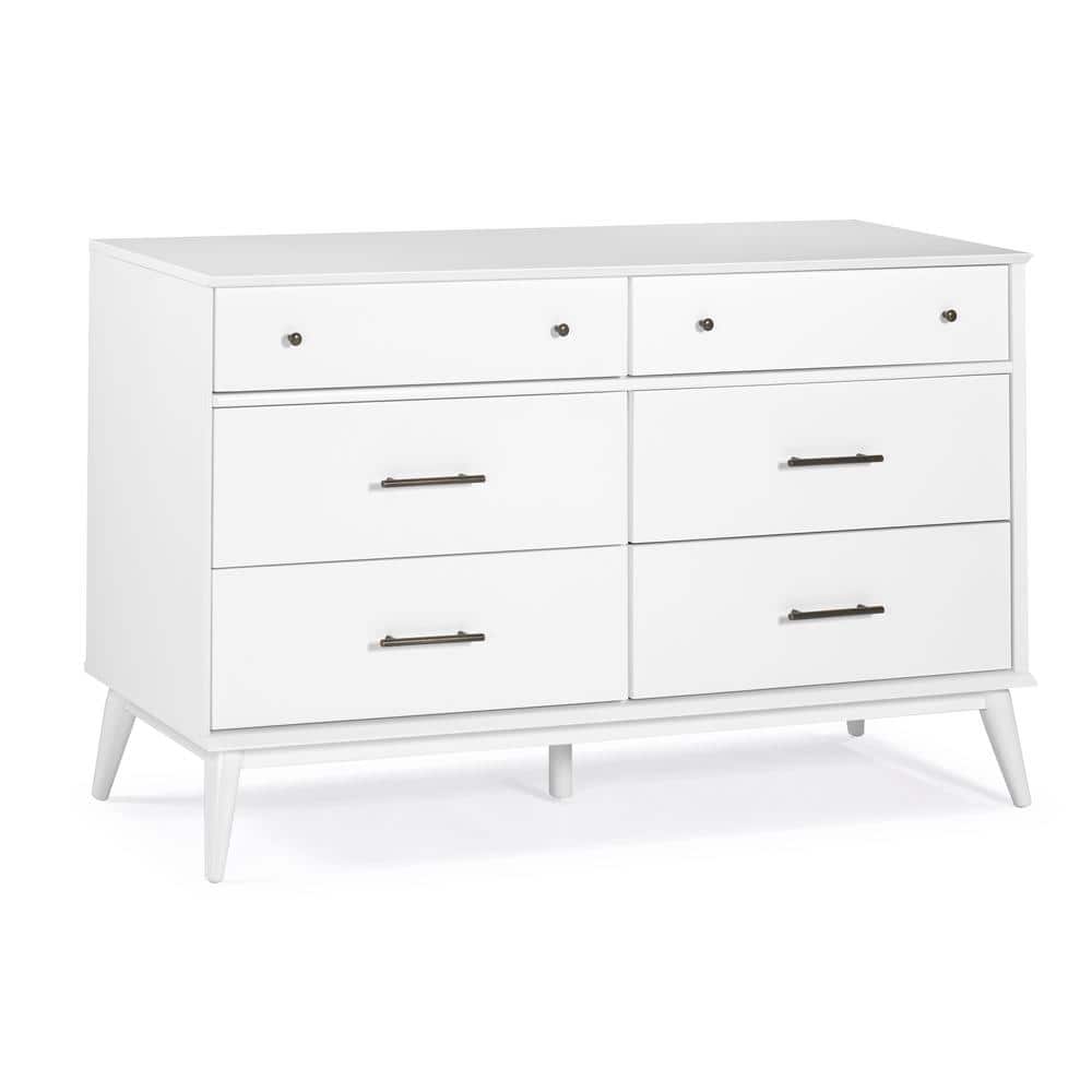 White Solid Wood Mid-Century Modern 6-Drawer Dresser