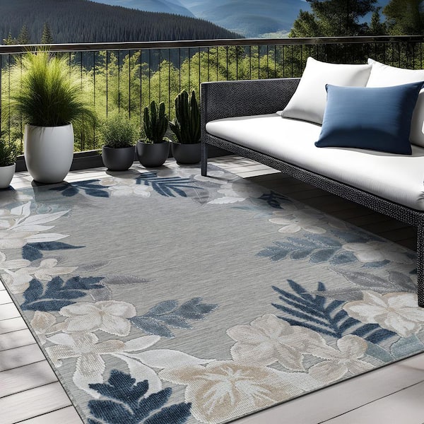 Eden  8 ft. x 10 ft. Blue Washable Border Floral Indoor Outdoor Area Rug