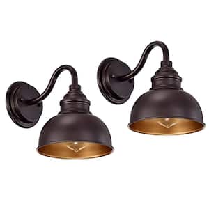 1-Light Oil Rubbed Bronze Indoor E26 Metal Hardwired Wall Lantern Sconce with Metal Shade (Set of 2)