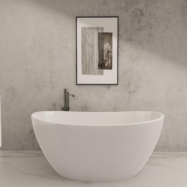 59 in. x 29 in. Double Slipper Freestanding Solid Surface Soaking Bathtub in Matte White with Center Drain
