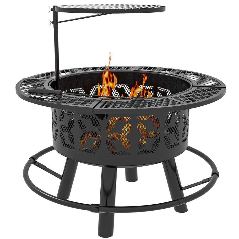 2-in-1 Fire Pit, BBQ Grill, 33 in. Portable Wood Burning Firepit with Adjus